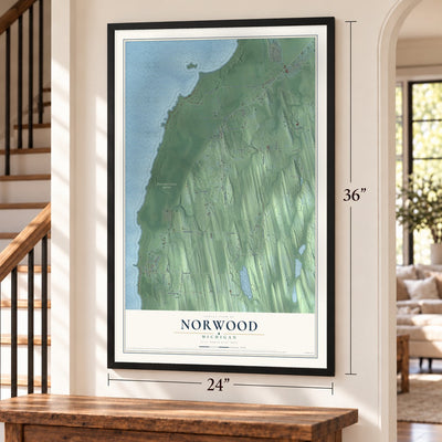 Norwood, Michigan map, 24 x 36 inch print in a black frame by a staircase