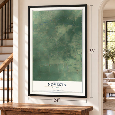 Novesta, Michigan map, 24 x 36 inch print in a black frame by a staircase