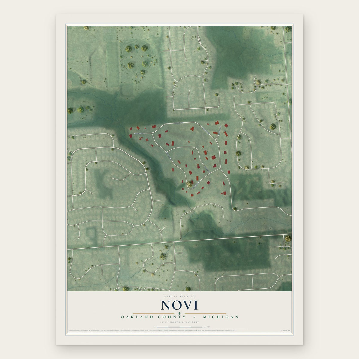 Novi, Oakland County, Michigan map print, the full design