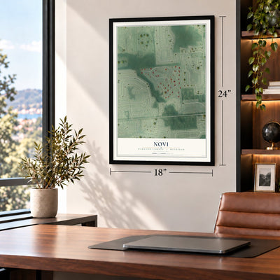 Novi, Oakland County, Michigan map, 18 x 24 inch print in a black frame in a home office