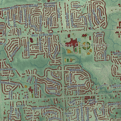 Close-up of the map of Novi, Michigan print showing street and building detail