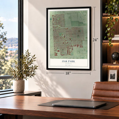 Oak Park, Michigan map, 18 x 24 inch print in a black frame in a home office