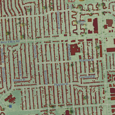 Close-up of the map of Oak Park, Michigan print showing street and building detail