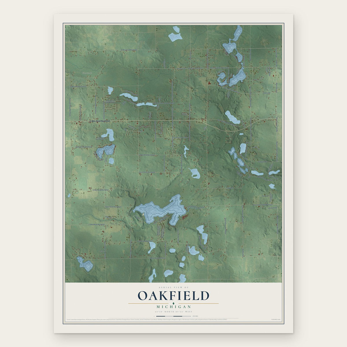 Oakfield, Michigan map print, the full design
