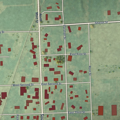 Close-up of the map of Oakley, Michigan print showing street and building detail