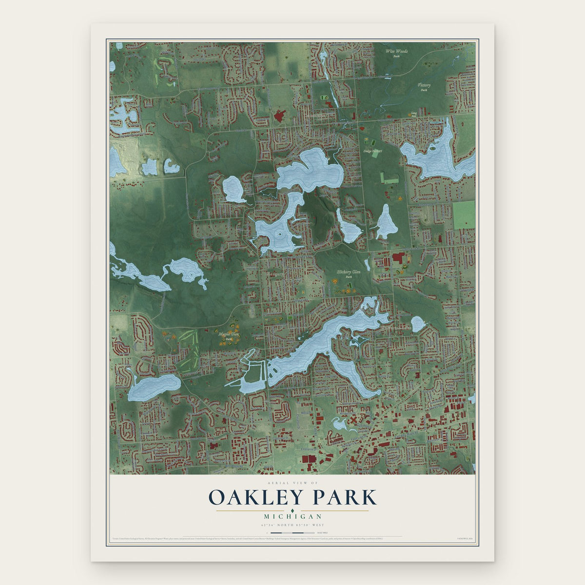 Oakley Park, Michigan map print, the full design