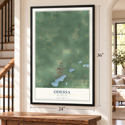 Odessa, Michigan map, 24 x 36 inch print in a black frame by a staircase