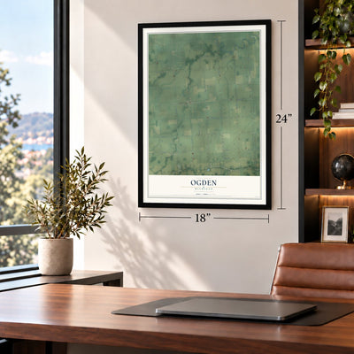 Ogden, Michigan map, 18 x 24 inch print in a black frame in a home office