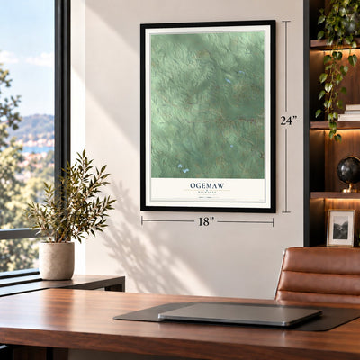 Ogemaw, Michigan map, 18 x 24 inch print in a black frame in a home office
