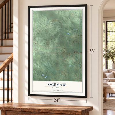 Ogemaw, Michigan map, 24 x 36 inch print in a black frame by a staircase
