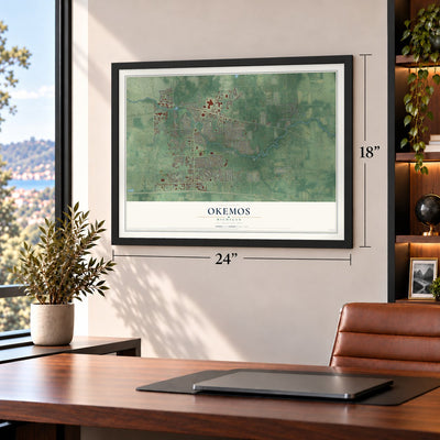 Okemos, Michigan map, 18 x 24 inch print in a black frame in a home office