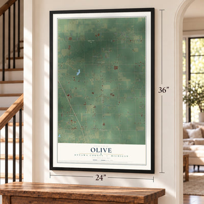 Olive, Ottawa County, Michigan map, 24 x 36 inch print in a black frame by a staircase