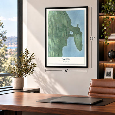 Omena, Michigan map, 18 x 24 inch print in a black frame in a home office