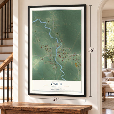Omer, Michigan map, 24 x 36 inch print in a black frame by a staircase