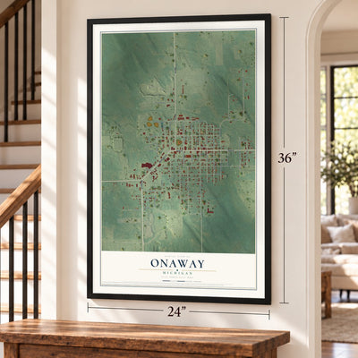 Onaway, Michigan map, 24 x 36 inch print in a black frame by a staircase
