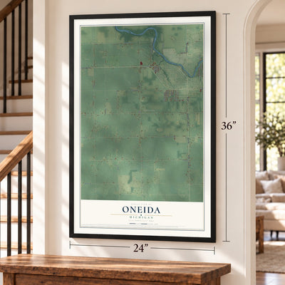 Oneida, Michigan map, 24 x 36 inch print in a black frame by a staircase