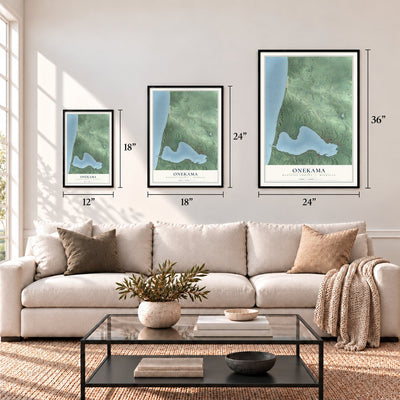 Onekama, Manistee County, Michigan map in 12 x 18, 18 x 24 and 24 x 36 inch sizes above a sofa