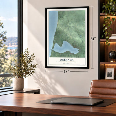 Onekama, Manistee County, Michigan map, 18 x 24 inch print in a black frame in a home office