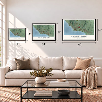 Onekama, Michigan map in 12 x 18, 18 x 24 and 24 x 36 inch sizes above a sofa