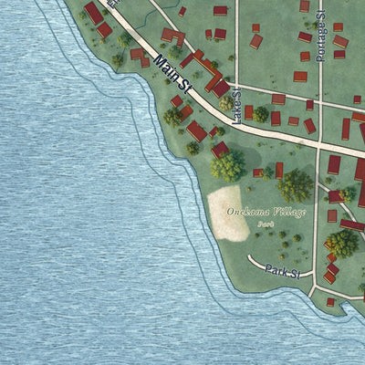 Close-up of the map of Onekama, Michigan print showing street and building detail