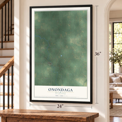Onondaga, Michigan map, 24 x 36 inch print in a black frame by a staircase