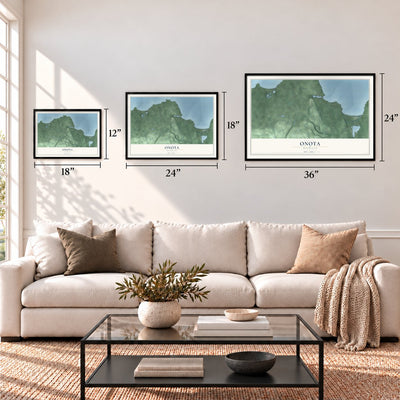 Onota, Michigan map in 12 x 18, 18 x 24 and 24 x 36 inch sizes above a sofa