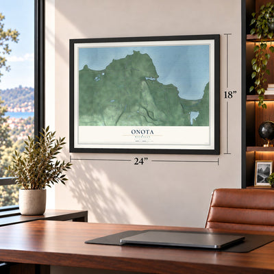 Onota, Michigan map, 18 x 24 inch print in a black frame in a home office