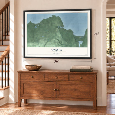 Onota, Michigan map, 24 x 36 inch print in a black frame above a dresser by a staircase