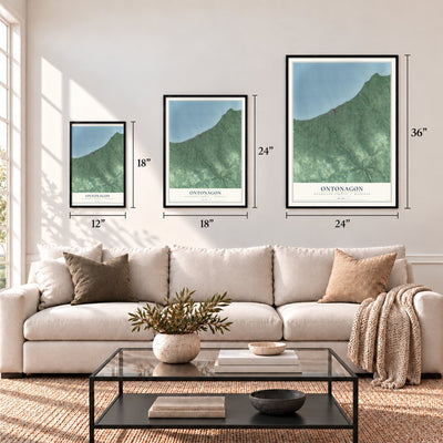 Ontonagon, Ontonagon County, Michigan map in 12 x 18, 18 x 24 and 24 x 36 inch sizes above a sofa