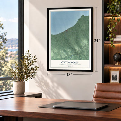 Ontonagon, Ontonagon County, Michigan map, 18 x 24 inch print in a black frame in a home office