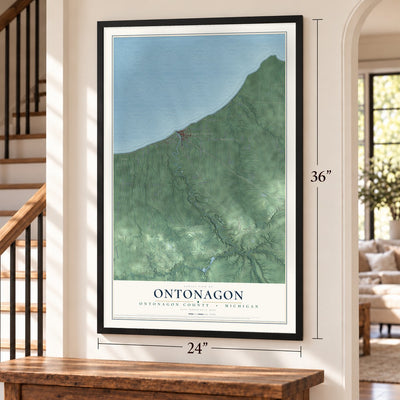 Ontonagon, Ontonagon County, Michigan map, 24 x 36 inch print in a black frame by a staircase