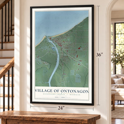 Ontonagon, Michigan map, 24 x 36 inch print in a black frame by a staircase