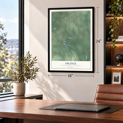 Orange, Kalkaska County, Michigan map, 18 x 24 inch print in a black frame in a home office