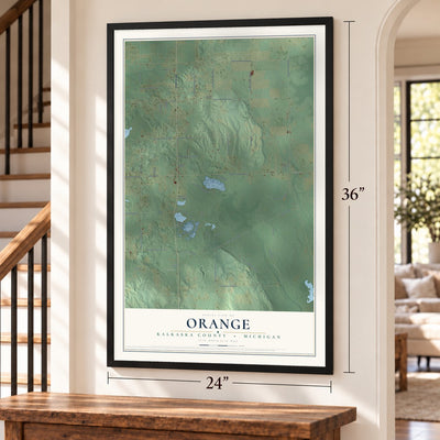 Orange, Kalkaska County, Michigan map, 24 x 36 inch print in a black frame by a staircase