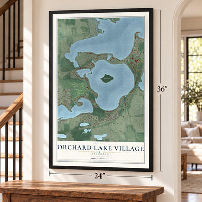 Orchard Lake Village, Michigan map, 24 x 36 inch print in a black frame by a staircase