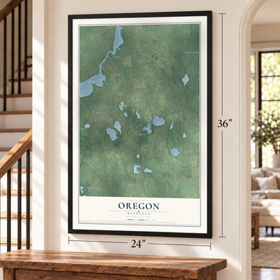 Oregon, Michigan map, 24 x 36 inch print in a black frame by a staircase