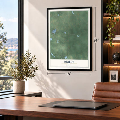 Orient, Michigan map, 18 x 24 inch print in a black frame in a home office