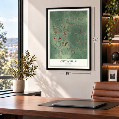 Ortonville, Michigan map, 18 x 24 inch print in a black frame in a home office