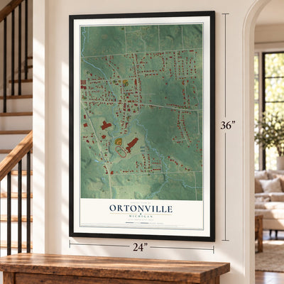 Ortonville, Michigan map, 24 x 36 inch print in a black frame by a staircase