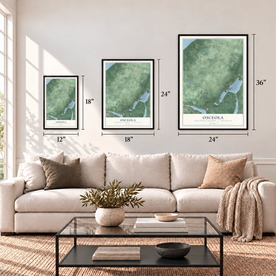 Osceola, Houghton County, Michigan map in 12 x 18, 18 x 24 and 24 x 36 inch sizes above a sofa