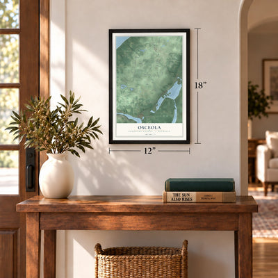 Osceola, Houghton County, Michigan map, 12 x 18 inch print in a black frame in an entryway