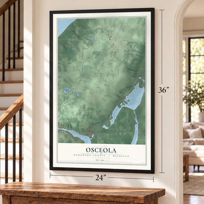 Osceola, Houghton County, Michigan map, 24 x 36 inch print in a black frame by a staircase