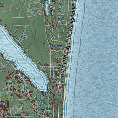 Close-up of the map of Oscoda, Michigan print showing street and building detail