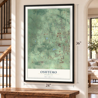 Oshtemo, Michigan map, 24 x 36 inch print in a black frame by a staircase