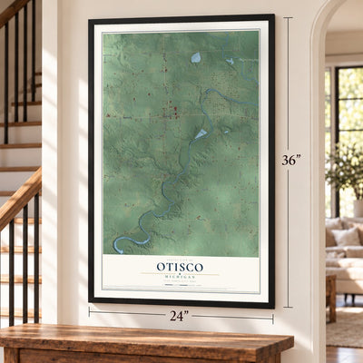 Otisco, Michigan map, 24 x 36 inch print in a black frame by a staircase