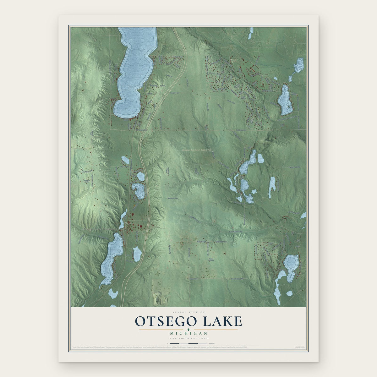 Otsego Lake, Michigan map print, the full design