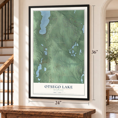 Otsego Lake, Michigan map, 24 x 36 inch print in a black frame by a staircase