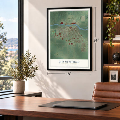 Otsego, Michigan map, 18 x 24 inch print in a black frame in a home office