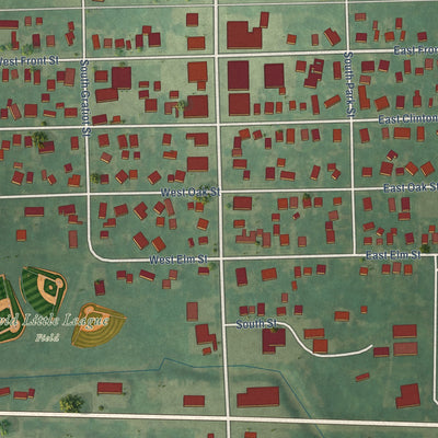 Close-up of the map of Ovid, Michigan print showing street and building detail