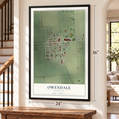 Owendale, Michigan map, 24 x 36 inch print in a black frame by a staircase
